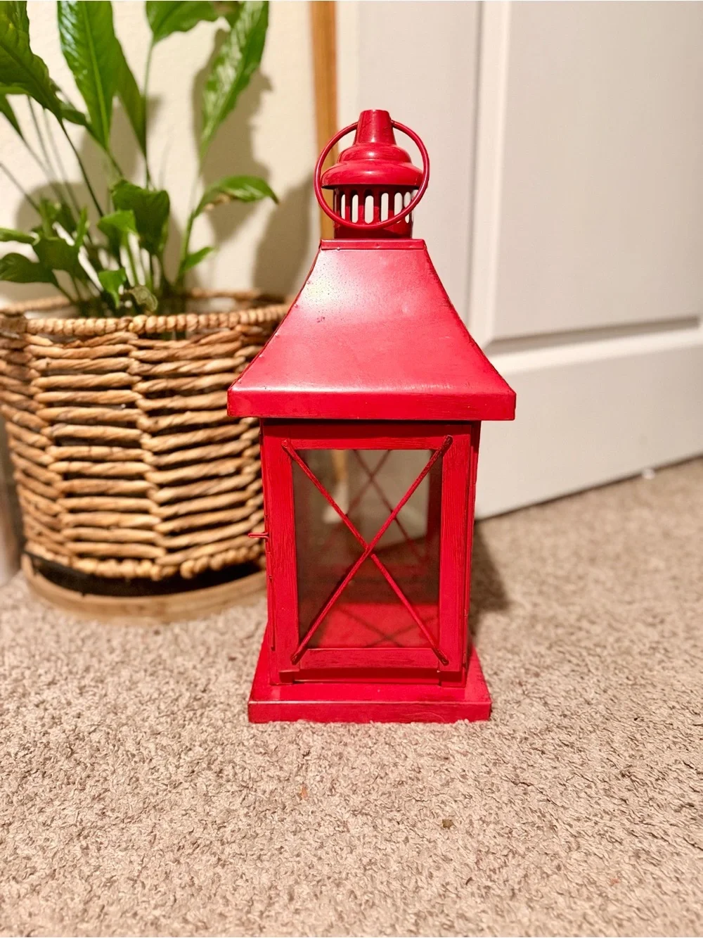 Red Metal Candle Lantern 20in Glass Panel Farmhouse Boho Decor